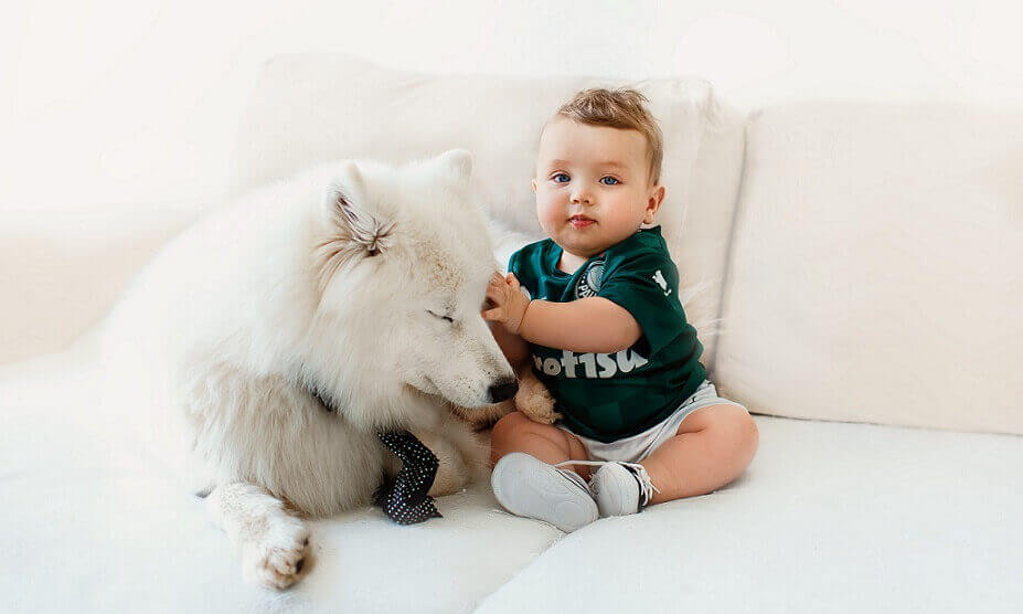 dog next to toddler on couch