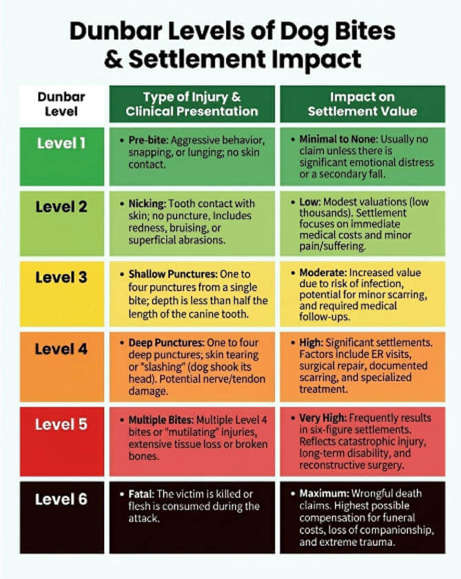 Dunbar dog bite settlements showing levels and impact of bite 